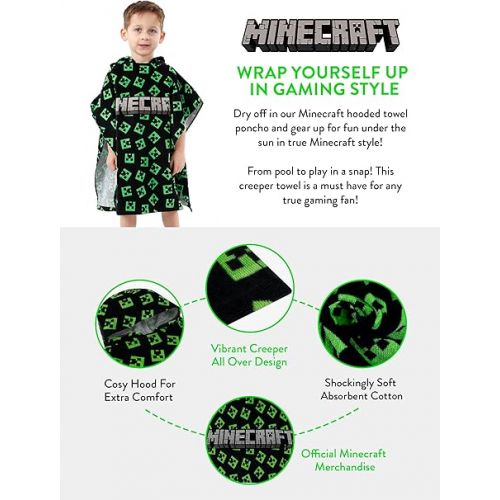  Minecraft Hooded Towel | Creeper Beach Towel for Boys | Gaming Towel Poncho | Gamer Wearable Towel | One Size Black