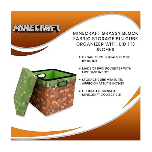  Minecraft Grassy Block 13-Inch Storage Bin Chest With Lid | Foldable Fabric Basket Container, Cube Organizer With Handles, Cubby For Shelves, Closet | Home Decor Essentials, Video Game Gifts