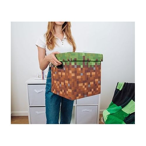  Minecraft Grassy Block 13-Inch Storage Bin Chest With Lid | Foldable Fabric Basket Container, Cube Organizer With Handles, Cubby For Shelves, Closet | Home Decor Essentials, Video Game Gifts