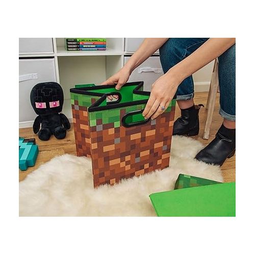  Minecraft Grassy Block 13-Inch Storage Bin Chest With Lid | Foldable Fabric Basket Container, Cube Organizer With Handles, Cubby For Shelves, Closet | Home Decor Essentials, Video Game Gifts