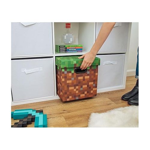  Minecraft Grassy Block 13-Inch Storage Bin Chest With Lid | Foldable Fabric Basket Container, Cube Organizer With Handles, Cubby For Shelves, Closet | Home Decor Essentials, Video Game Gifts