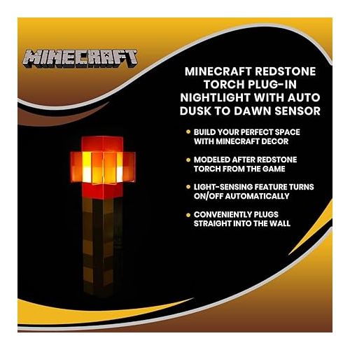  Minecraft Redstone Torch Plug-In Nightlight With Auto Dusk To Dawn Sensor | LED Mood Light For Kids Bedroom, Play Room, Hallway | Home Decor Room Essentials | Video Game Gifts And Collectibles