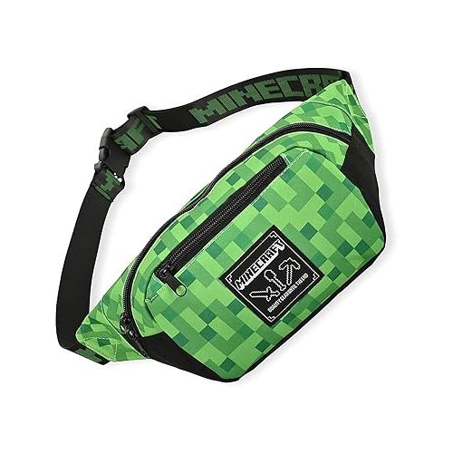  Boys Minecraft Fanny Pack Bag -Black and Green Minecraft Creeper Face Fanny Pack Bag, Adjustable - (Unisex, Black Green)
