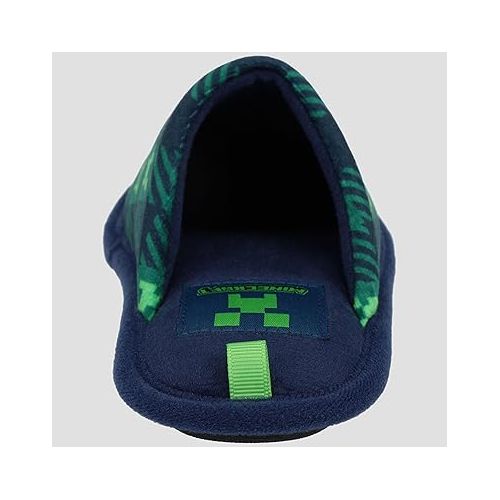  Minecraft Scuff Slippers for Boys, Plaid Creeper Print, Navy/Green