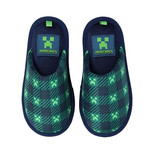  Minecraft Scuff Slippers for Boys, Plaid Creeper Print, Navy/Green