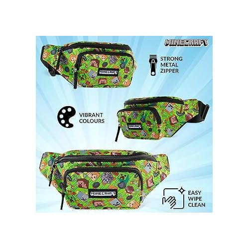  Minecraft Boys Fashion Waist Pack with Adjustable Strap, Creeper Travel Bag - Gamer Gifts (Multi)