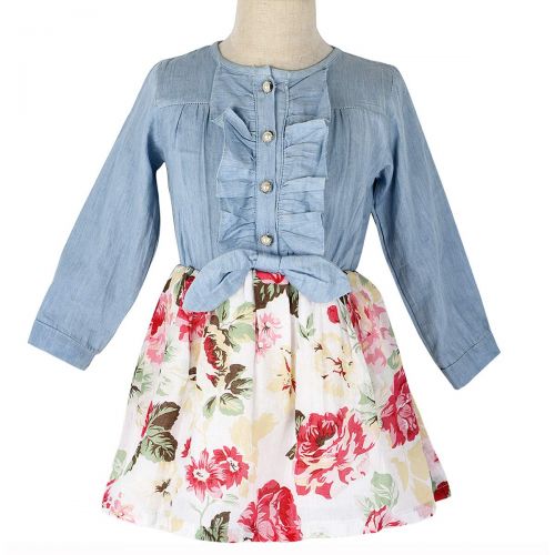  MingAo Little Girls Denim Floral Print Sleeveless Skirt Dresses & Long Sleeve, One-Piece