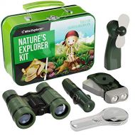 Mini Explorer Explorer Kit for Kids - Camping Gear & Outdoor Exploration Gift - Inc: Binoculars, Fan, Magnifying Glass, Crank Flashlight, 5-in-1 Multi Tool & Beautiful Case - Gifts for 4-7 Year