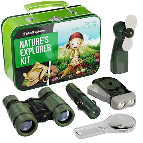  Mini Explorer Explorer Kit for Kids - Camping Gear & Outdoor Exploration Gift - Inc: Binoculars, Fan, Magnifying Glass, Crank Flashlight, 5-in-1 Multi Tool & Beautiful Case - Gifts for 4-7 Year