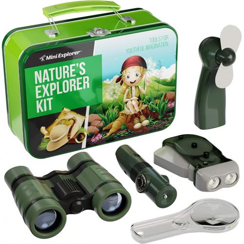  Mini Explorer Explorer Kit for Kids - Camping Gear & Outdoor Exploration Gift - Inc: Binoculars, Fan, Magnifying Glass, Crank Flashlight, 5-in-1 Multi Tool & Beautiful Case - Gifts for 4-7 Year