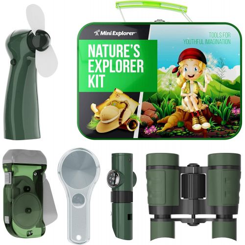  Mini Explorer Explorer Kit for Kids - Camping Gear & Outdoor Exploration Gift - Inc: Binoculars, Fan, Magnifying Glass, Crank Flashlight, 5-in-1 Multi Tool & Beautiful Case - Gifts for 4-7 Year