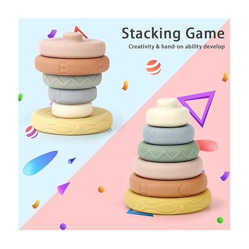  Mini Tudou 6 Pcs Stacking & Nesting Circle Toy,Soft Building Rings Stacker & Teethers,Squeeze Play with Early Educational Learning Stacking Tower, Best Gift for 6+ Months Boys&Girls