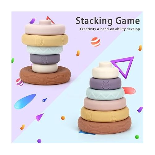  Mini Tudou Stacking & Nesting Circle Toy,6 Pcs Soft Building Rings Stacker & Teethers,Squeeze Play with Early Educational Learning Stacking Tower, Best Gift for 6+ Months Boys & Girls