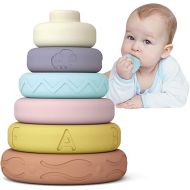 Mini Tudou 6 PCS Baby Girl Toy Stacking & Nesting Toys, Soft Stacking Blocks Ring Stacker, Baby Sensory Teethers Toys w/Letter, Animal and Shape, Early Learning Toys for Babies Toddlers Kids 6 Months