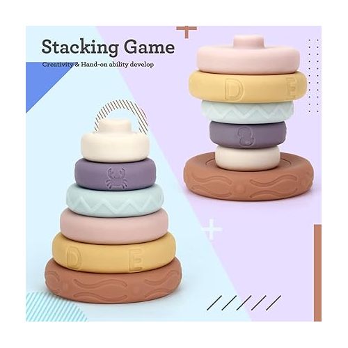  Mini Tudou 6 PCS Baby Girl Toy Stacking & Nesting Toys, Soft Stacking Blocks Ring Stacker, Baby Sensory Teethers Toys w/Letter, Animal and Shape, Early Learning Toys for Babies Toddlers Kids 6 Months