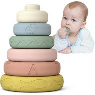 Mini Tudou 6 PCS Baby Stacking & Nesting Toys, Soft Stacking Blocks Ring Stacker, Baby Sensory Teether Toys with Letter, Animal and Shape, Early Learning Toys for Babies Toddlers Kids 6 Months