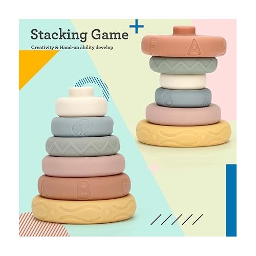  Mini Tudou 6 PCS Baby Stacking & Nesting Toys, Soft Stacking Blocks Ring Stacker, Baby Sensory Teether Toys with Letter, Animal and Shape, Early Learning Toys for Babies Toddlers Kids 6 Months