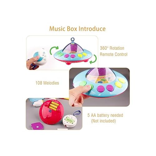  Mini Tudou Musical Baby Crib Mobile Toy with Lights and Music, Star Projector Function and Cartoon Rattles, Remote Control Musical Box with 108 Melodies, Toy for Newborn Sleep