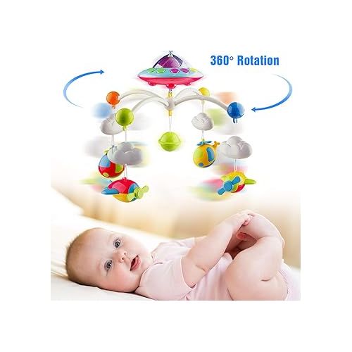 Mini Tudou Musical Baby Crib Mobile Toy with Lights and Music, Star Projector Function and Cartoon Rattles, Remote Control Musical Box with 108 Melodies, Toy for Newborn Sleep