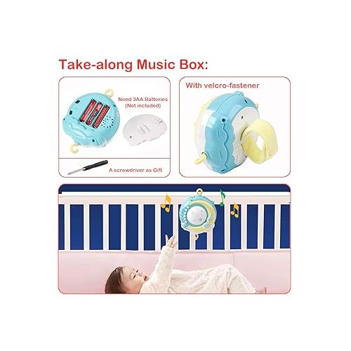  Mini Tudou Baby Musical Mobile Crib with Music and Lights, Timing Function, Projection, Take-Along Rattle and Music Box for Babies Boy Girl Toddler Sleep