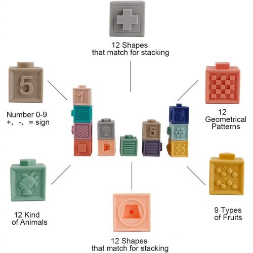  [아마존 핫딜] [아마존핫딜]Mini Tudou Baby Blocks Soft Building Blocks Baby Toys Teethers Toy Educational Squeeze Play with Numbers Animals Shapes Textures 6 Months and Up 12PCS
