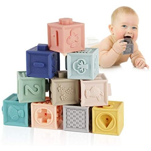  [아마존베스트]Mini Tudou Baby Blocks Soft Building Blocks Baby Toys Teethers Toy Educational Squeeze Play with Numbers Animals Shapes Textures 6 Months and Up 12PCS