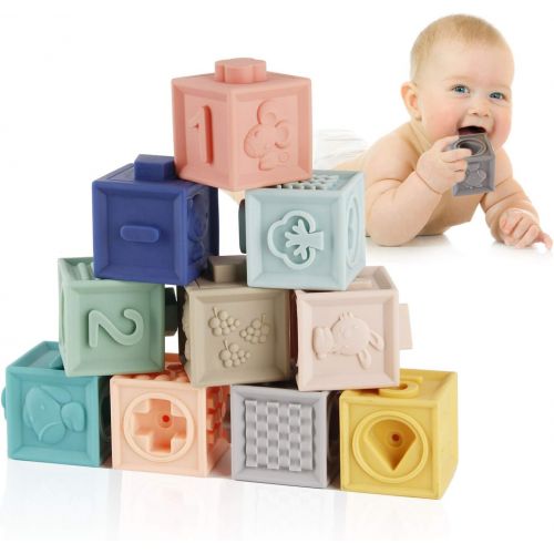  [아마존베스트]Mini Tudou Baby Blocks Soft Building Blocks Baby Toys Teethers Toy Educational Squeeze Play with Numbers Animals Shapes Textures 6 Months and Up 12PCS
