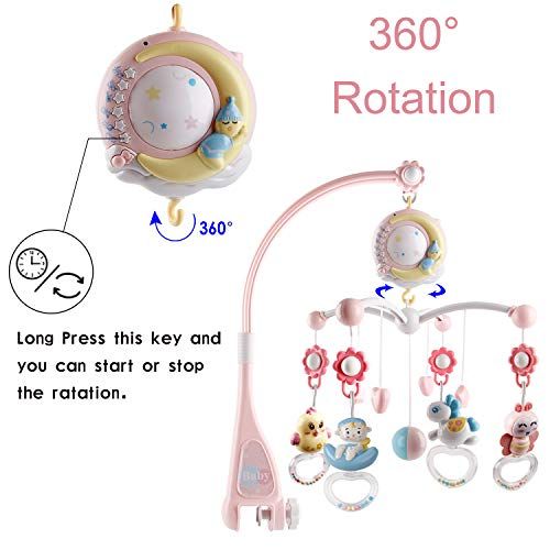  Mini Tudou Baby Musical Crib Mobile with Timing Function Projector and Lights,Hanging Rotating Rattles and Remote Control Music Box with 150 Melodies,Toy for Newborn 0-24 Months