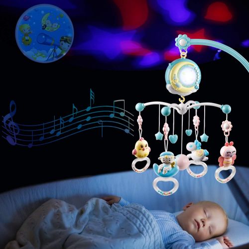  Mini Tudou Baby Musical Crib Mobile with Projection Function and Night Light,Hanging Rotating Teether Rattle and 150 Melodies Music Box with Remote Control,Toy for Newborn 0-24 Mon