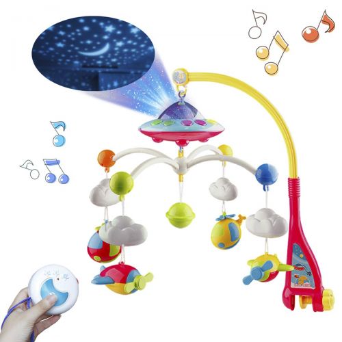  Mini Tudou Musical Baby Crib Mobile Toy with Lights and Music, Star Projector Function and Cartoon Rattles, Remote Control Musical Box with 108 Melodies, Toy for Newborn Sleep …