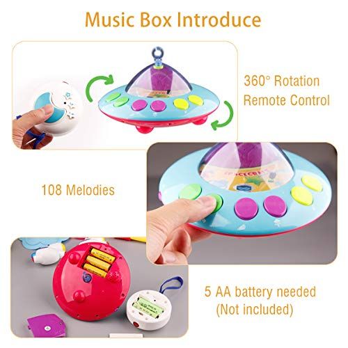  Mini Tudou Musical Baby Crib Mobile Toy with Lights and Music, Star Projector Function and Cartoon Rattles, Remote Control Musical Box with 108 Melodies, Toy for Newborn Sleep …