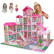 Mini Tudou Doll House Dreamhouse for Girls, Dollhouse with Lights, Play Mat and Dolls, DIY Building Pretend Play House with Accessories Furniture,Elevator and Slide,Playhouse for G