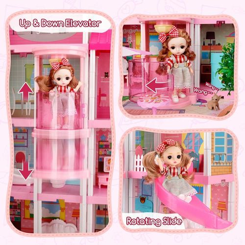  Mini Tudou Doll House Dreamhouse for Girls, Dollhouse with Lights, Play Mat and Dolls, DIY Building Pretend Play House with Accessories Furniture,Elevator and Slide,Playhouse for G