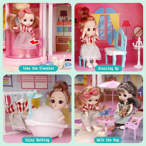  Mini Tudou Doll House Dreamhouse for Girls, Dollhouse with Lights, Play Mat and Dolls, DIY Building Pretend Play House with Accessories Furniture,Elevator and Slide,Playhouse for G