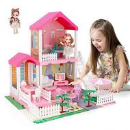 Mini Tudou Dollhouse Dreamhouse for Girls, Doll House with Lights, Play Mat and Dolls, DIY Building Pretend Play House with Accessories Furniture and Household Items,Playhouse for