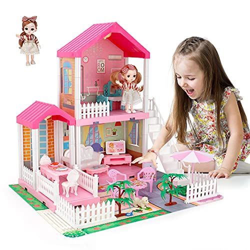 Mini Tudou Dollhouse Dreamhouse for Girls, Doll House with Lights, Play Mat and Dolls, DIY Building Pretend Play House with Accessories Furniture and Household Items,Playhouse for