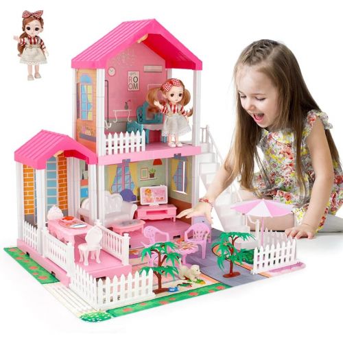  Mini Tudou Dollhouse Dreamhouse for Girls, Doll House with Lights, Play Mat and Dolls, DIY Building Pretend Play House with Accessories Furniture and Household Items,Playhouse for