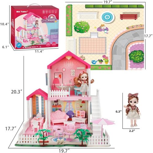  Mini Tudou Dollhouse Dreamhouse for Girls, Doll House with Lights, Play Mat and Dolls, DIY Building Pretend Play House with Accessories Furniture and Household Items,Playhouse for