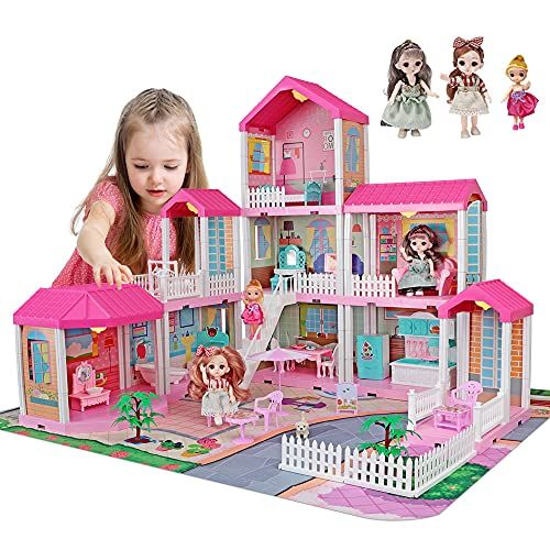  Mini Tudou Doll House Dreamhouse for Girls, Dollhouse with Lights, Play Mat and Dolls,DIY Building Pretend Play House with Accessories Furniture and Household Items,Playhouse for G