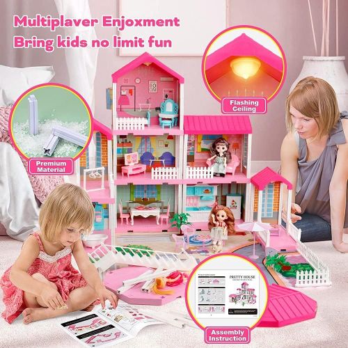  Mini Tudou Doll House Dreamhouse for Girls, Dollhouse with Lights, Play Mat and Dolls,DIY Building Pretend Play House with Accessories Furniture and Household Items,Playhouse for G
