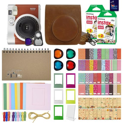 후지필름 Fujifilm Instax Mini 90 Neo Classic Instant Film Camera (Brown) with 40 Instant Film + MiniMate Accessory Bundle. PU Leather Case, Frames, Retro Photo Album, Selfie Lens, Colored F