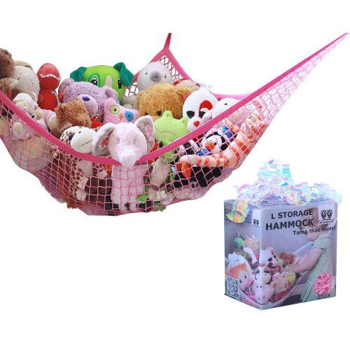  MiniOwls Toy Storage Hammock Plush Toy Organizer for Kids  Fits 20-30 Soft Teddies, Girl’s Bed or Playroom Decor (Pink, Large)