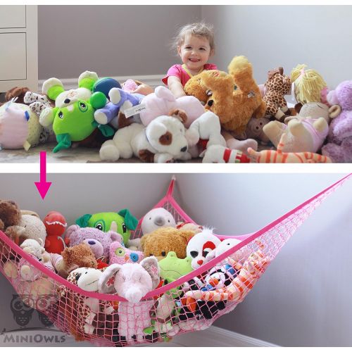  MiniOwls Toy Storage Hammock Plush Toy Organizer for Kids  Fits 20-30 Soft Teddies, Girl’s Bed or Playroom Decor (Pink, Large)