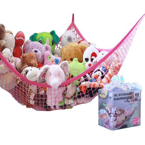 MiniOwls Toy Hammock Organizer - Teddy Bear Hanging Storage for Girls Bedroom. Pinkalicious Fuchsia Decor Accent. Strong Quality Elastic (Pink, X-Large)