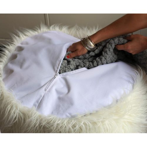  MiniOwls Plush Toy Storage Solution (Cover no Filler) - Ivory White Furry Bean Bag - Soft Teddy Faux Fur Organizer with a Zipper for Easy Use. Jumbo Size Pouf. Contemporary Accent