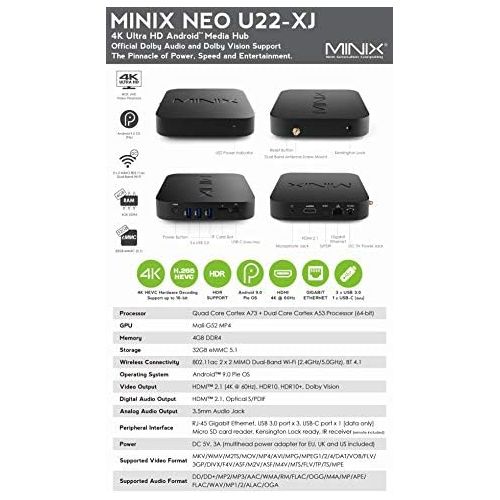  [아마존베스트]-Service-Informationen MINIX Android 9.0 Pie Media Hub 4K Ultra HD HDR10+4GB DDR4/32GB eMMC HDMI 4K @ 60Hz 3 x USB 3.0 USB-C [Data] GLAN AC Wi-Fi TF Card (NEO U22-XJ)