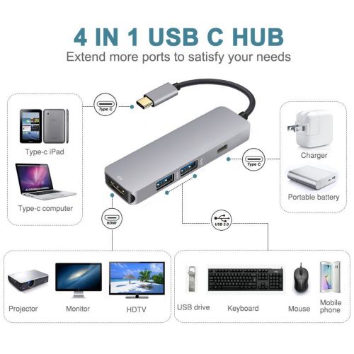  Minidi Ifl0708Us:A209 Usb C Hub, 4 In 1 Type C To Hdmi Adapter, Type C Hub With 4K Hdmi Output Port, 2 Usb3.0 Ports For Macbook Pro, Chromebook, Grey
