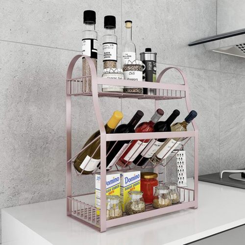  Minmin-zhenggaojia Kitchen Shelf Spice Rack Oil Salt Sauce Vinegar Bottle Sauce Storage Rack Kitchen Countertop Storage Rack Spice Rack (Color : Pink)