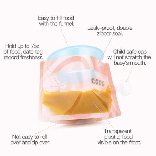  [아마존베스트]Minne QOOC Reusable Baby Food Storage Pouch, Set of 12 Reusable 7 oz Double Zipper Pouches and 1 Easy-Filled Funnel