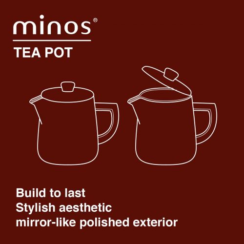  Minos Stunning Classy Hand Polished Stainless Steel Teapot - 17.6 fl oz - With Lid And Heatproof Hollow Stainless Steel Handle